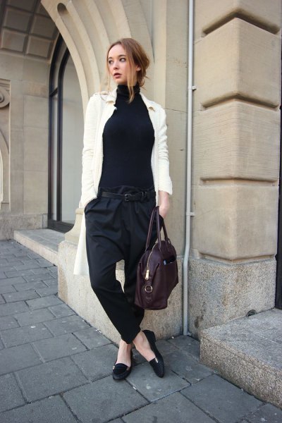 black loafers white long cardigan