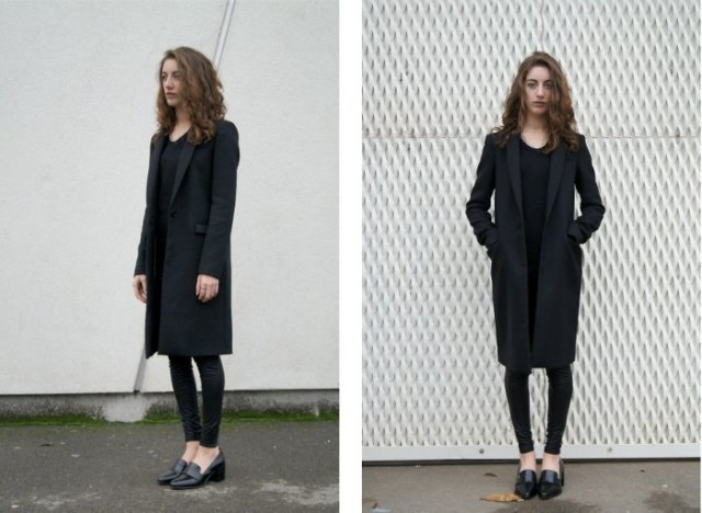 black slippers with long blazer