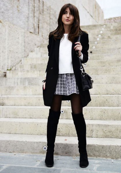 black long blazer with checked mini skirt and overknee boots