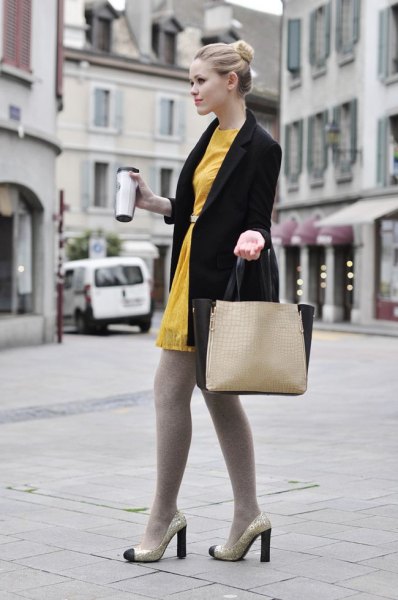 black long blazer with mustard yellow tunic dress and leggings
