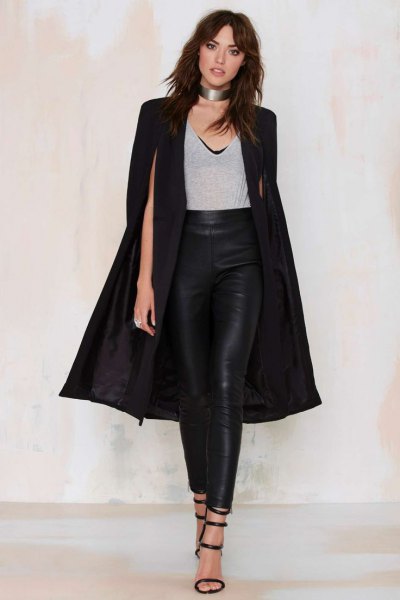 black long cape coat leather leggings silver choker