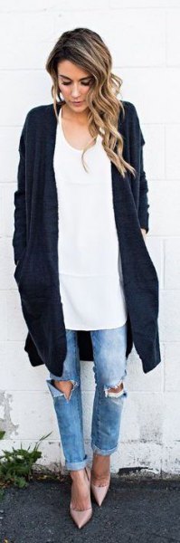 black long cardigan white oversized vest