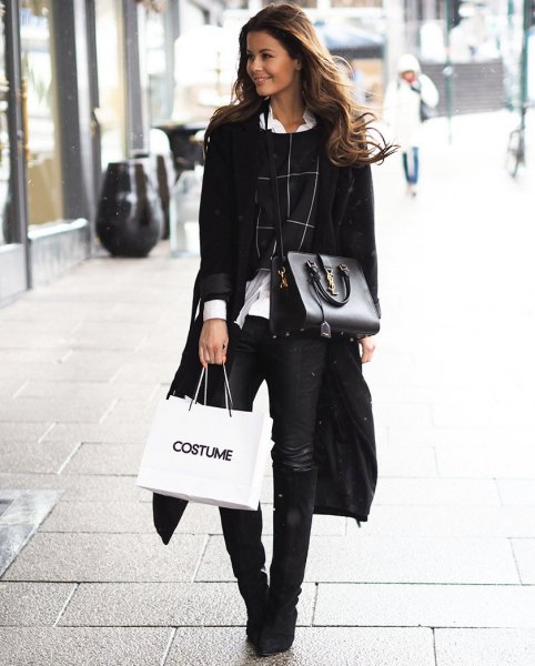 black long coat with white shirt with collar and shortened sweater