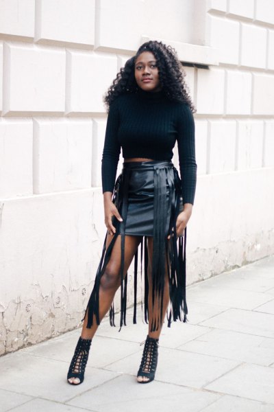 black leather skirt with long fringed belt