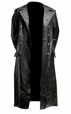 MEN'S CLASSIC OFFICER MILITARY BLACK LEATHER LONG GERMAN TRENCH .