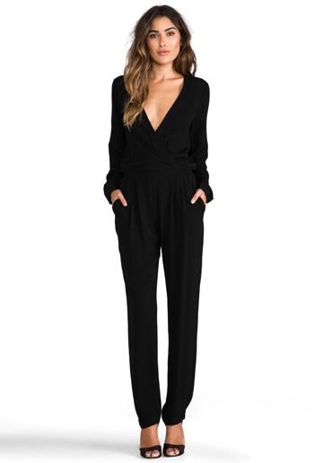 black, long-sleeved overall with deep V-neck