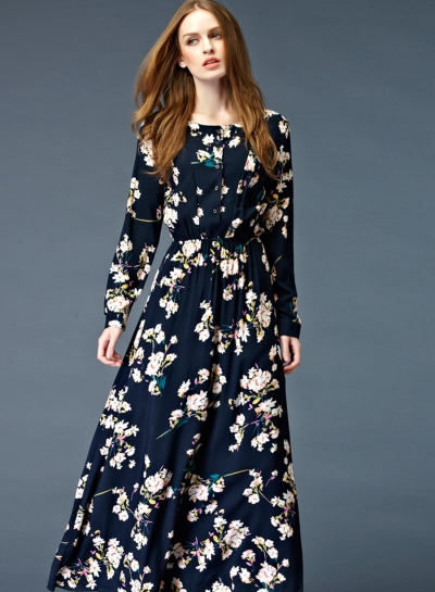 black long-sleeved maxi dress with floral pattern