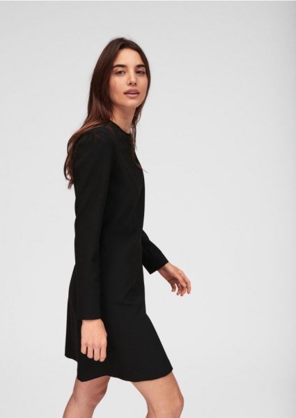 black medium-length sheath dress with long sleeves