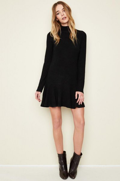 black long sleeved mini flare dress ankle boots