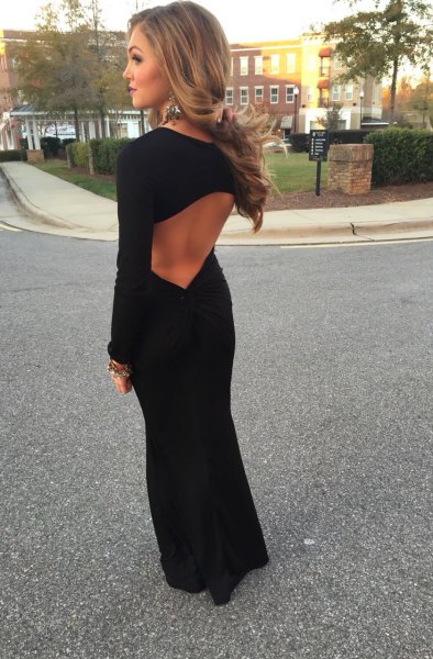 black maxi dress with open back and long sleeves and ballerinas
