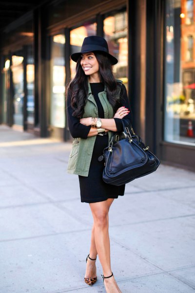 black long-sleeved sheath dress felt hat