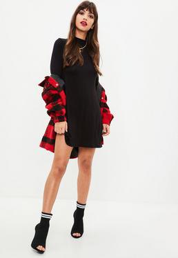 black long-sleeved swing dress with red checked boyfriend shirt