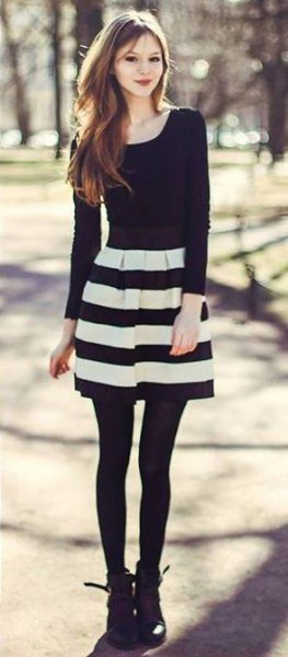 black long-sleeved t-shirt striped skater dress