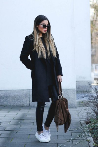 black long wool coat with leather gaiters