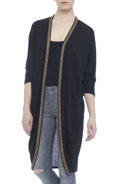 black longline cardigan with t-shirt with scoop neckline and gray jeans