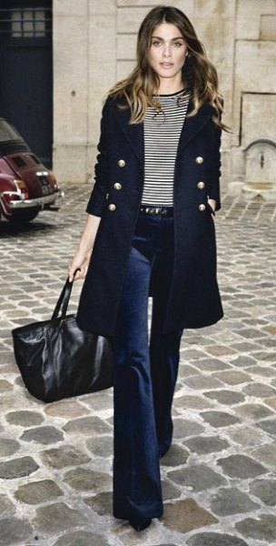 black double-breasted longline longline blazer with dark blue, flared velvet jeans
