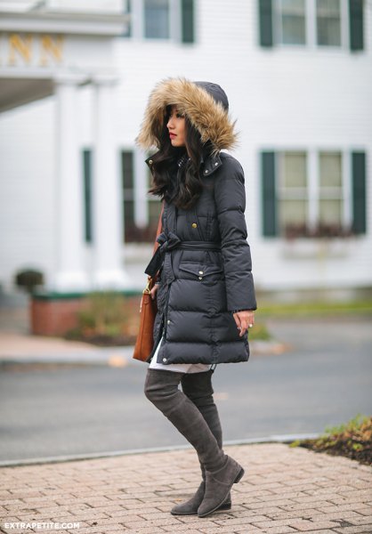 black long-linen fur jacket with hood and white tunic dress