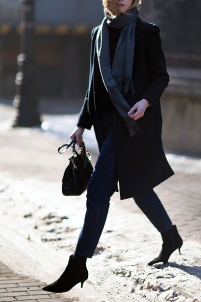 black wool coat with gray long scarf
