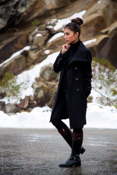 black wool coat with mini shift dress and knee-high boots