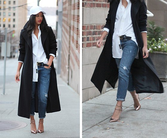 black wool coat with white boyfriend shirt and straight leg jeans