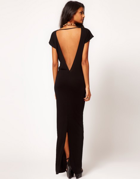 black, deeply divided maxi dress with a low back