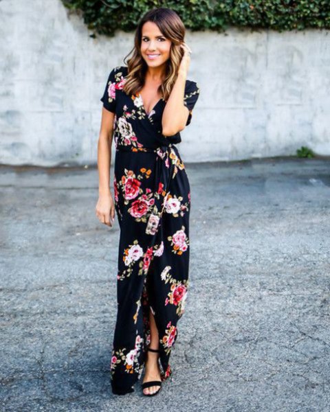 black maxi wrap dress with floral pattern