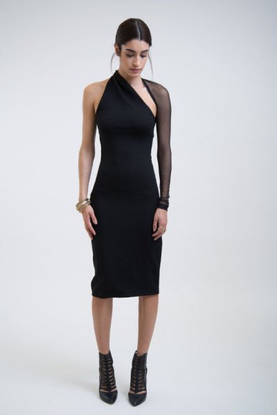 black fishnet sleeve dress with a shoulder sheath
