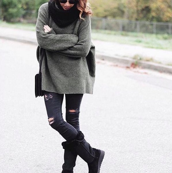 black calf fold over boots, gray, coarsely knitted sweater