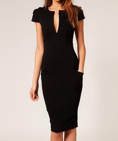 black midi dress with deep V-neckline and deep zip