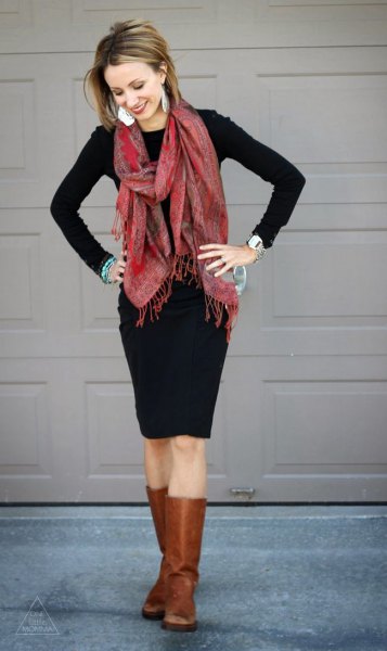 black midi dress leather boots chiffon scarf
