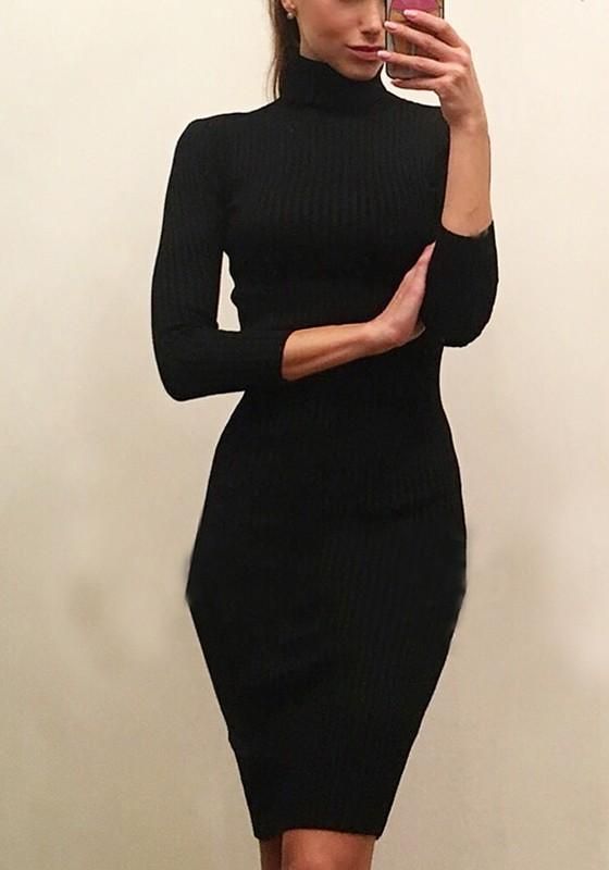 Black Draped High Neck Long Sleeve Fashion Midi Dress | Black .