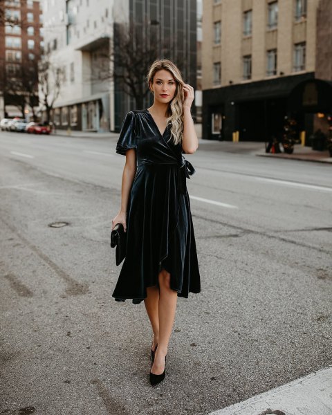 black wrap dress with midi frills