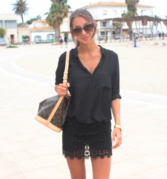black mini lace skirt shirt with buttons