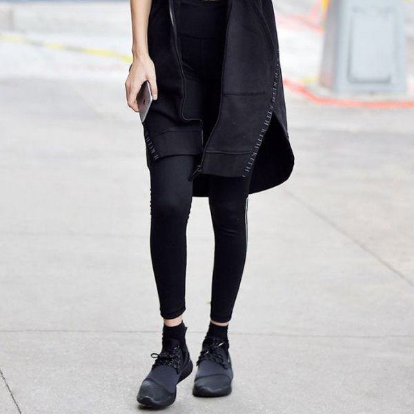 black mini shift dress with leggings and leather shoes