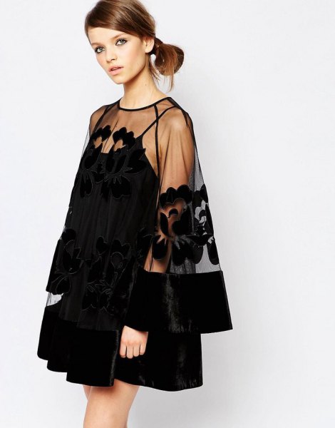 black mini swing dress sheer overlay