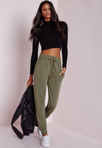 black, cropped sweater with green khaki jogger