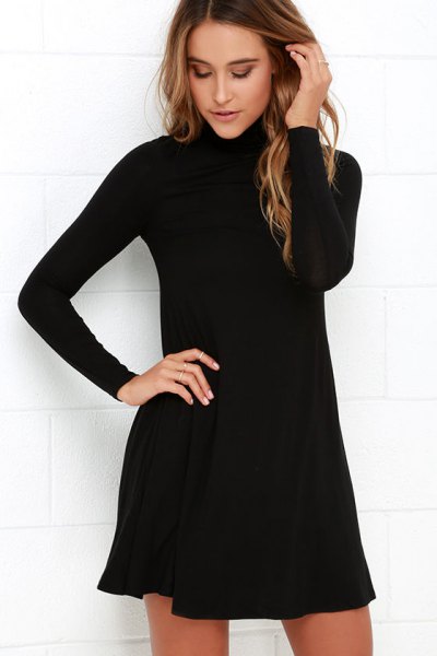 black swing dress with stand-up collar