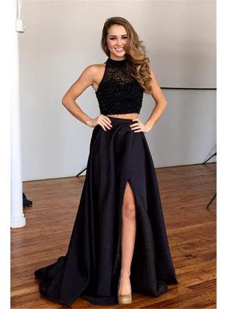 black two-piece maxi dress with mock neck