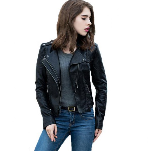 black moto jacket with ribbed, figure-hugging knitted sweater