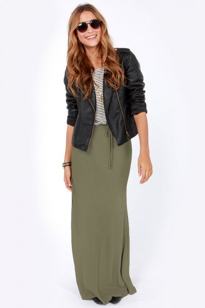 black moto leather jacket with olive green maxi skirt