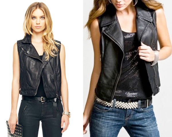 black motorcycle leather vest with tank top with scoop neckline and slim-fitting jeans