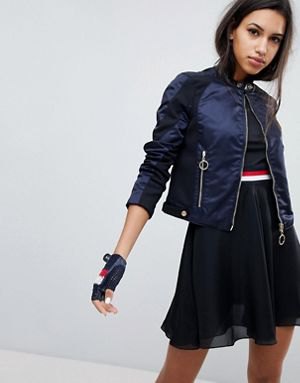 black nylon bomber jacket with crop top and mini skater chiffon skirt