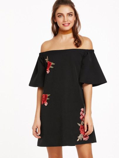Black strapless mini shift dress with subtly embroidered details