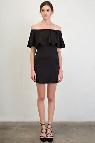 black strapless ruffle mini dress