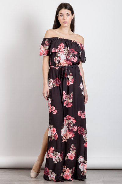 Black strapless, flowered maxi dress with double slit