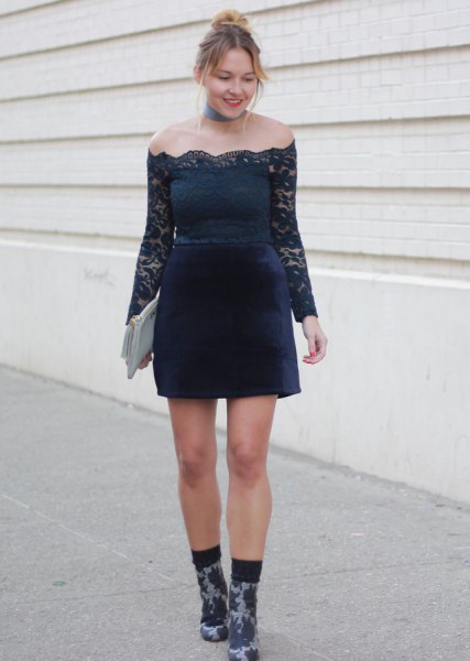 Black off shoulder long sleeve lace top with velvet skirt