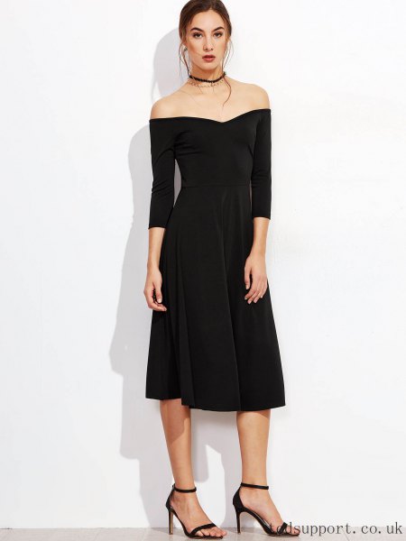 Black strapless midi zip dress with a collar