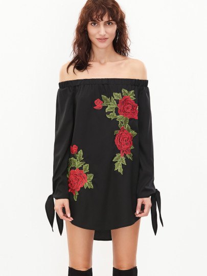 black mini shift dress embroidered off the shoulder rose