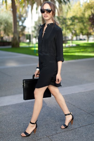 black shirt dress with open toe heels
