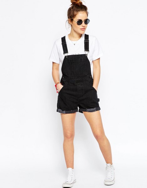 black overall shorts white t-shirt with high tops